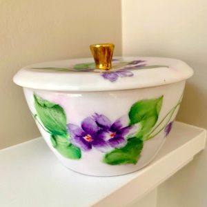Hand Painted Porcelain Signed Trinket Candy Covered Violet Dish VTG 1968